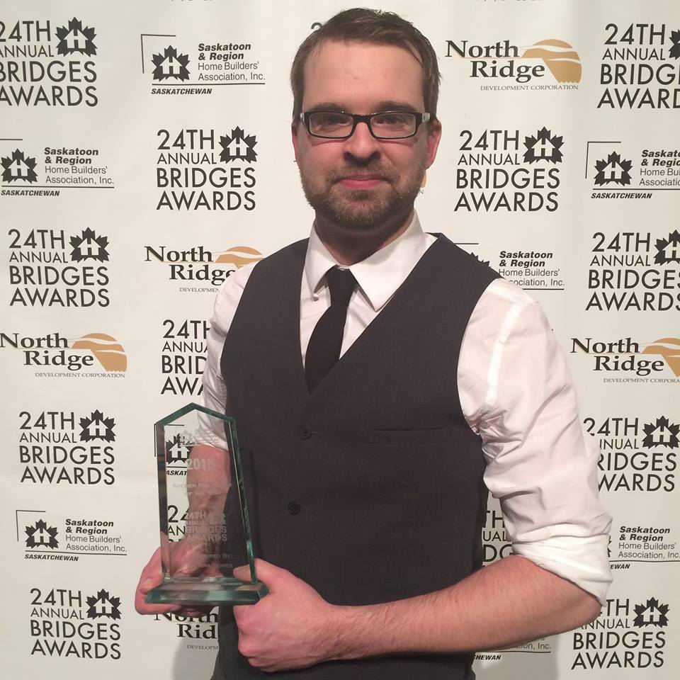 Kevin Worman, Senior Design Consultant of Superior Cabinets Saskatoon presented with the Best Kitchen Renovation of the Year award at the 24th Annual Saskatoon and Region Home Builders’ Association Bridges Awards on February 6th, 2016 at TCU Place.