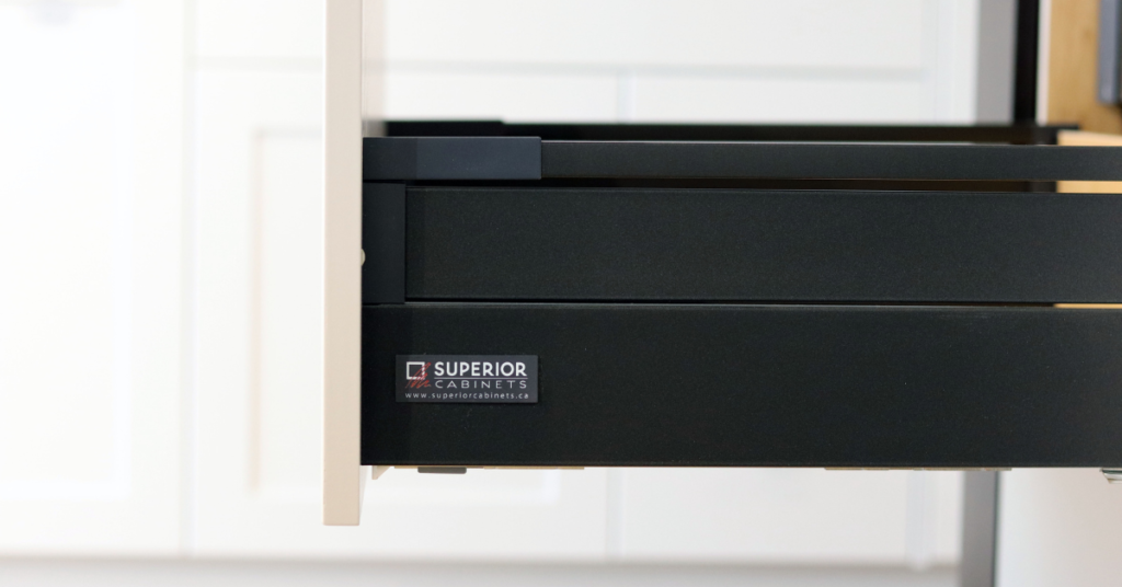 The pinnacle cabinet drawer box with anthracite black metal sizes, with full extension glides, by superior cabinets. 