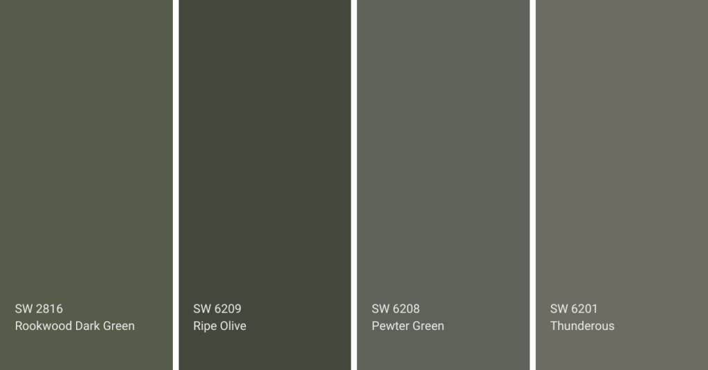 4 swatches of green paint colours by Sherwin-Williams. From Left to Right - Rookwood Dark Green [SW 2816], Ripe Olive [SW 6209], Pewter Green [SW 6208], and Thunderous [SW 6201].