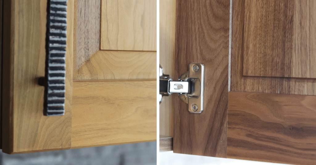 the ageing process and yellowing of black walnut, on the left is the outside of the door (yellow), on the right is the inside (medium brown)