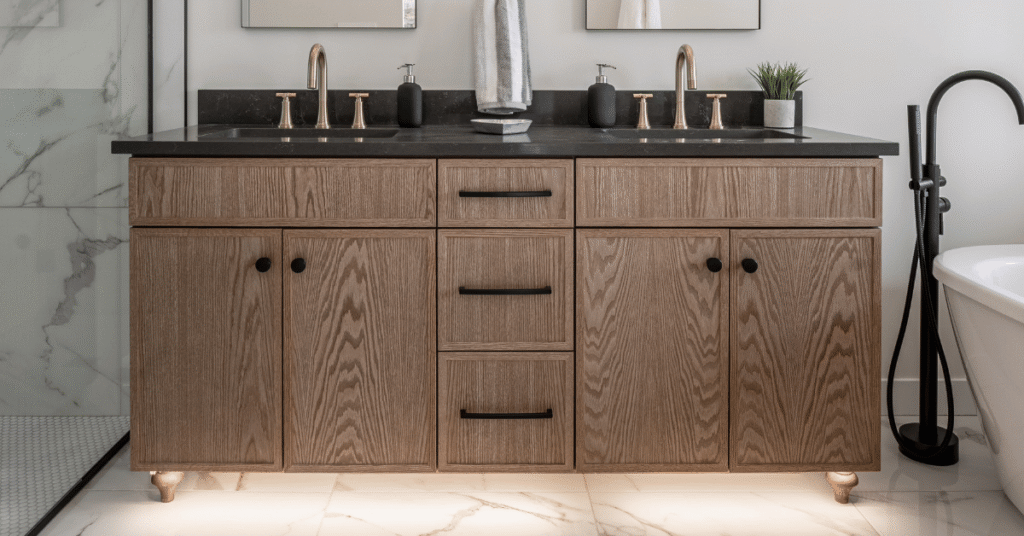 a vanity cabinet with oak cabinets, slim shaker doors. 