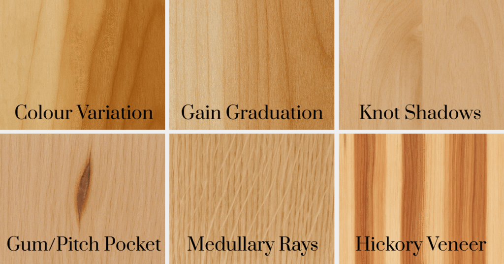 wood swatches showing natural occurrences (from left to right) colour variation, colour graduation, knot shadows, gum/pitch pickets, Medullary rays, striped hickory veneer.
